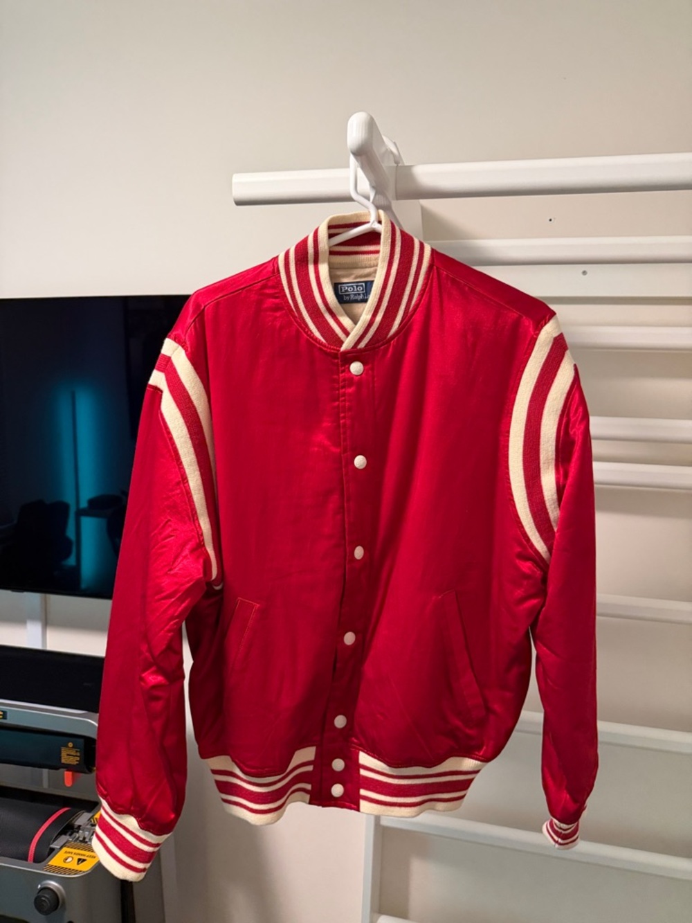 Polo by Ralph Lauren Red Satin Varsity Jacket with Cream Stripes